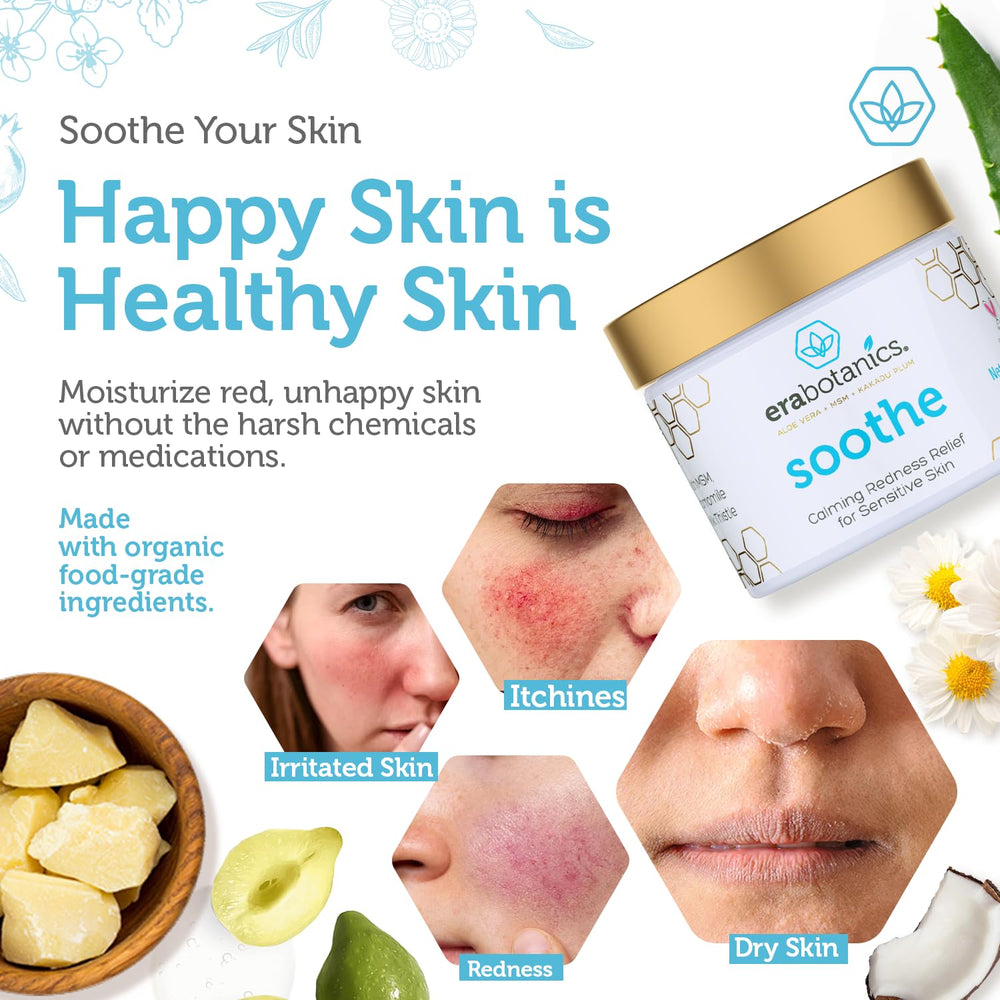 Era Organics Cream Redness Relief texture on skin evokes calm, hydrated comfort.