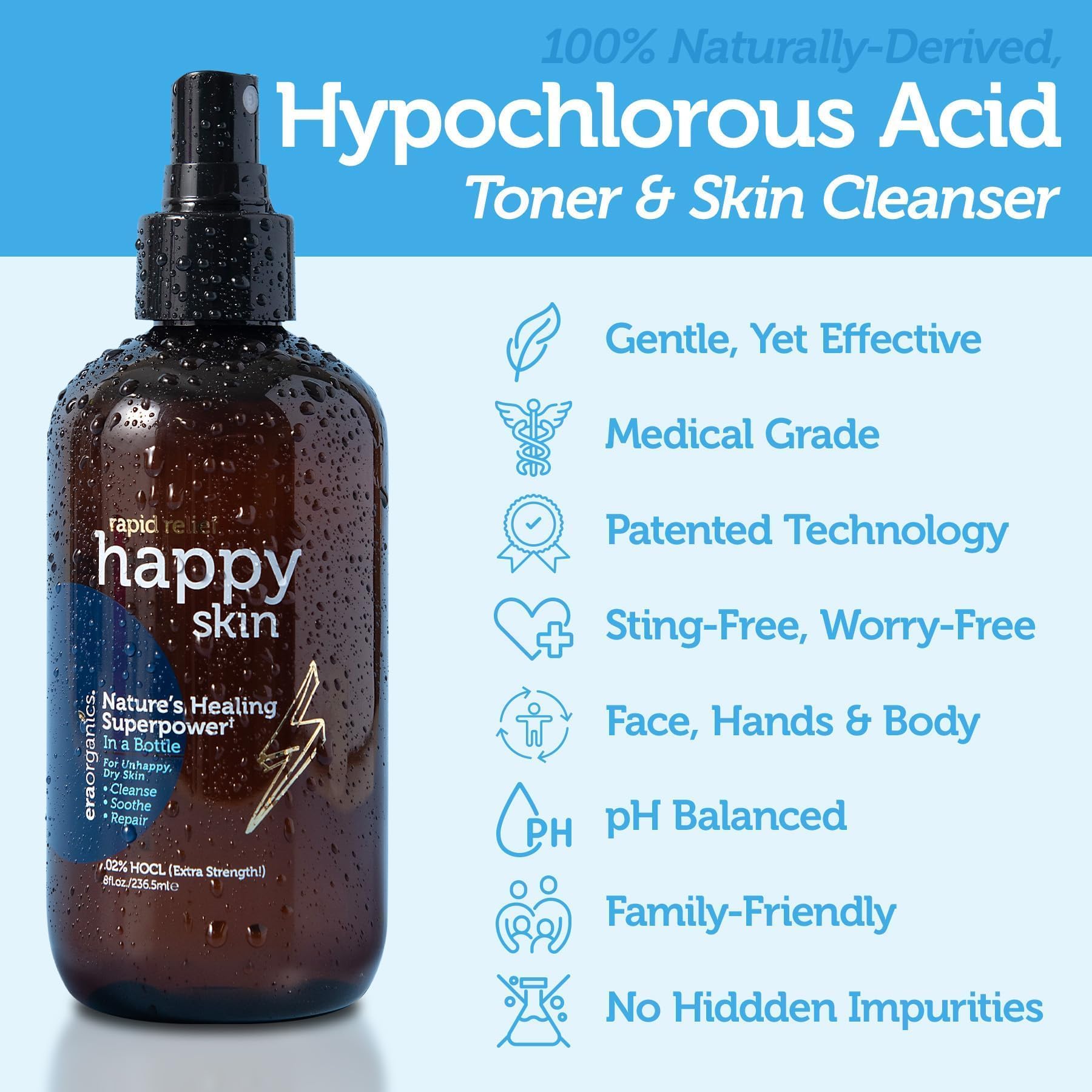 Era Organics Happy Skin HOCL toner spray application – quick, sting-free refresh for face and body.