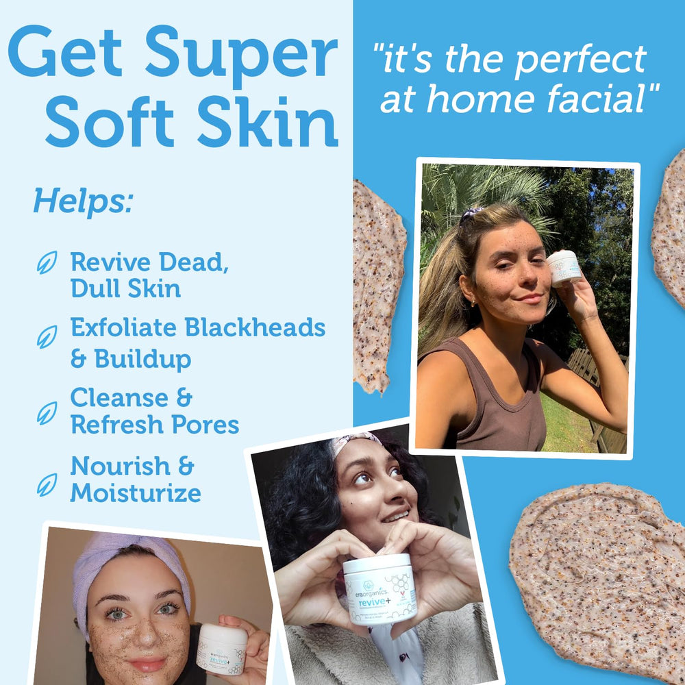 Era Organics Manuka Honey Exfoliating Face Scrub during application shows calming massage for refreshed skin