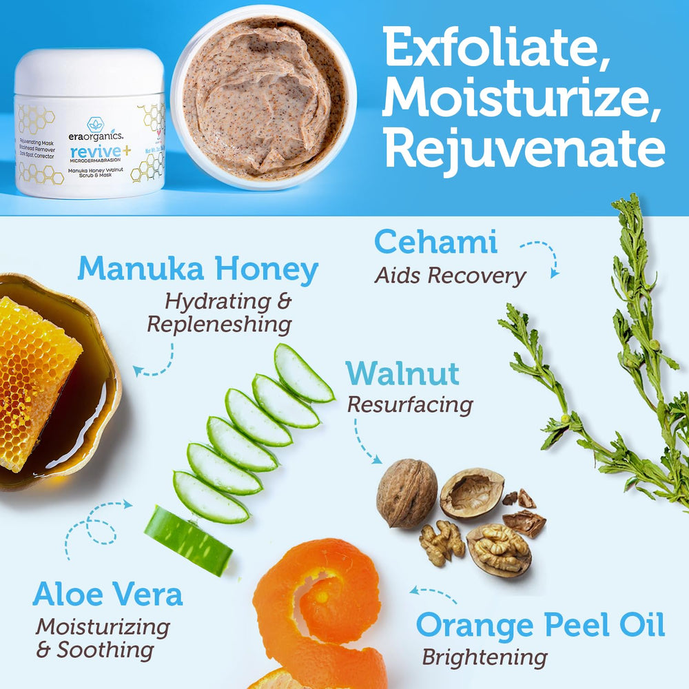 Era Organics Manuka Honey Exfoliating Face Scrub texture highlights microdermabrasion-like action