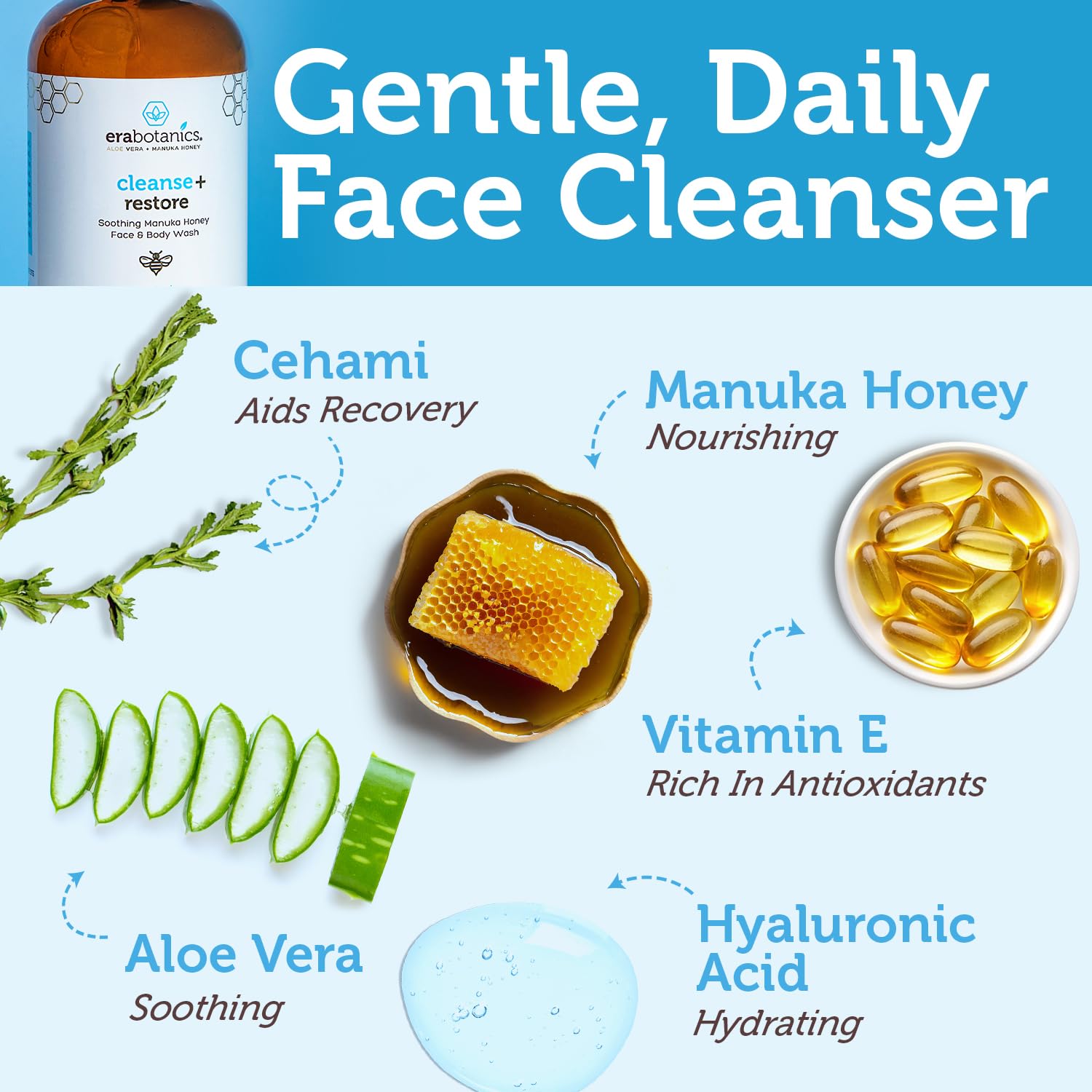Era Organics Manuka Honey Face Wash with hyaluronic acid provides hydrated, non-greasy moisture.
