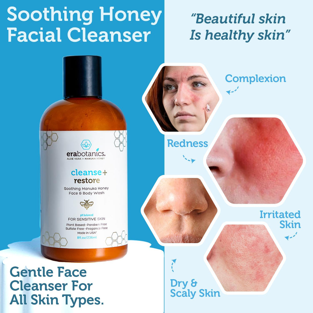 Era Organics Manuka Honey Face Wash rich lather demonstrating soothing cleansing for dry skin.