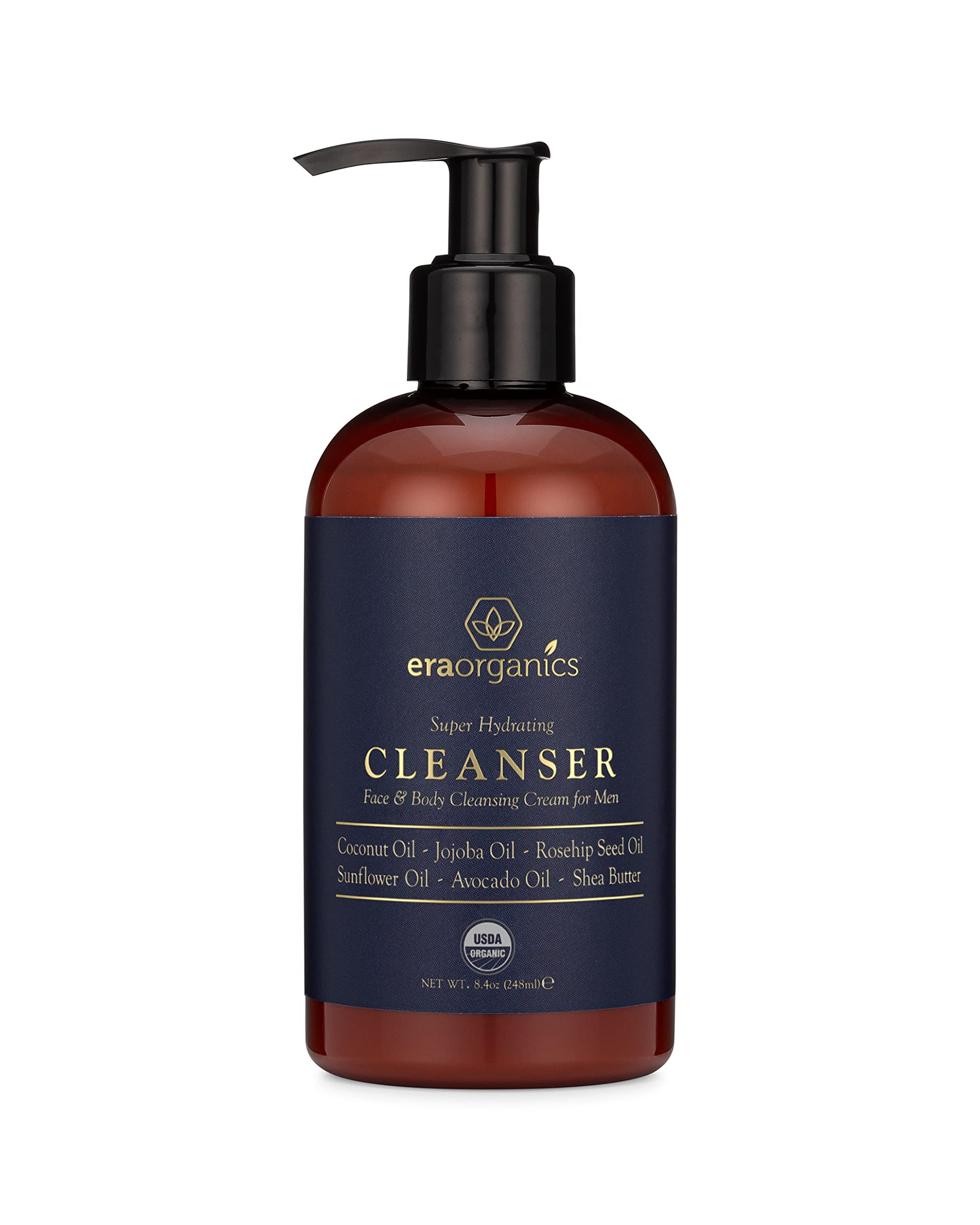 Era Organics men's face wash bottle front view showcasing nourishing, organic cleansing