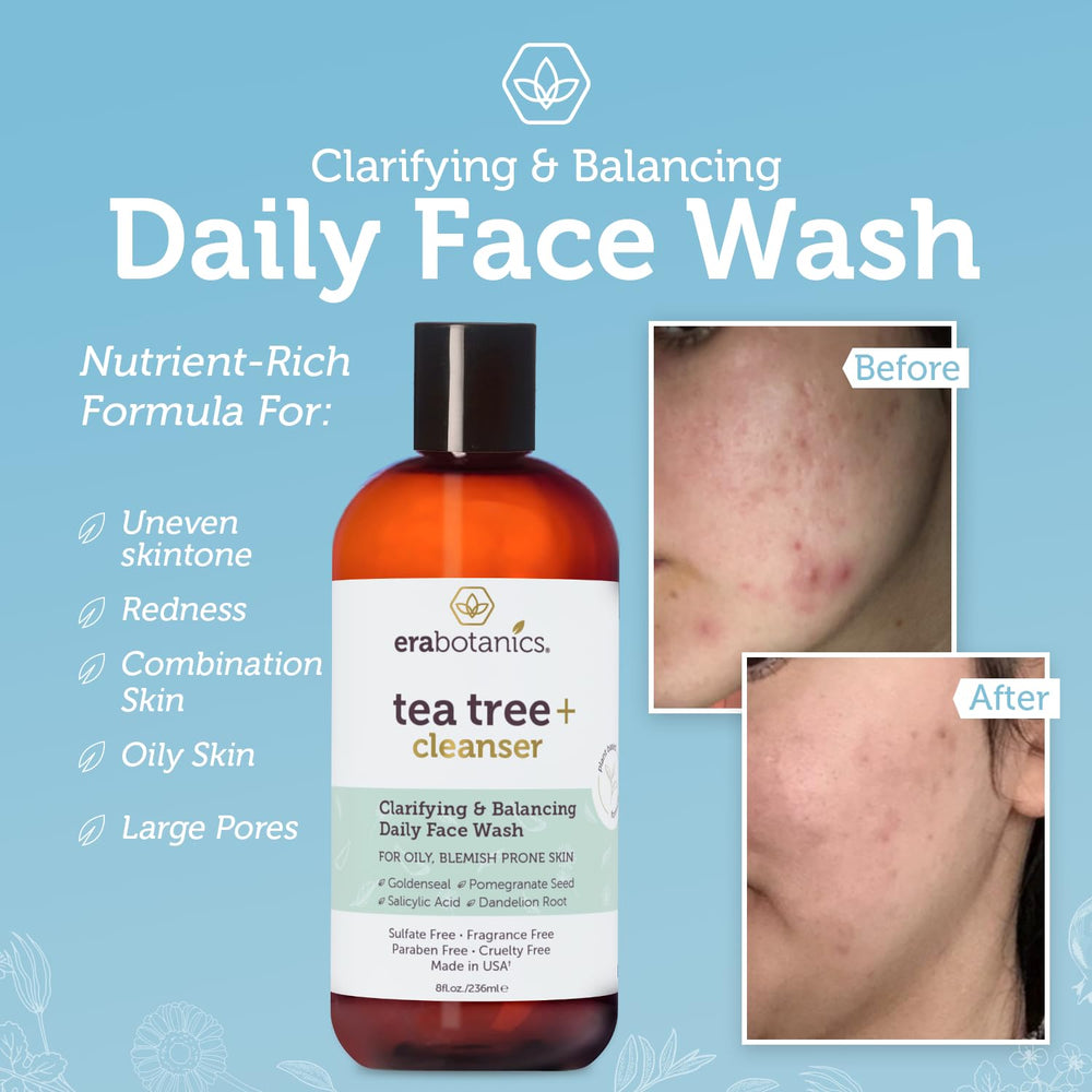 Era Organics Purifying Tea Tree Face Wash natural botanicals illustrating key ingredients.