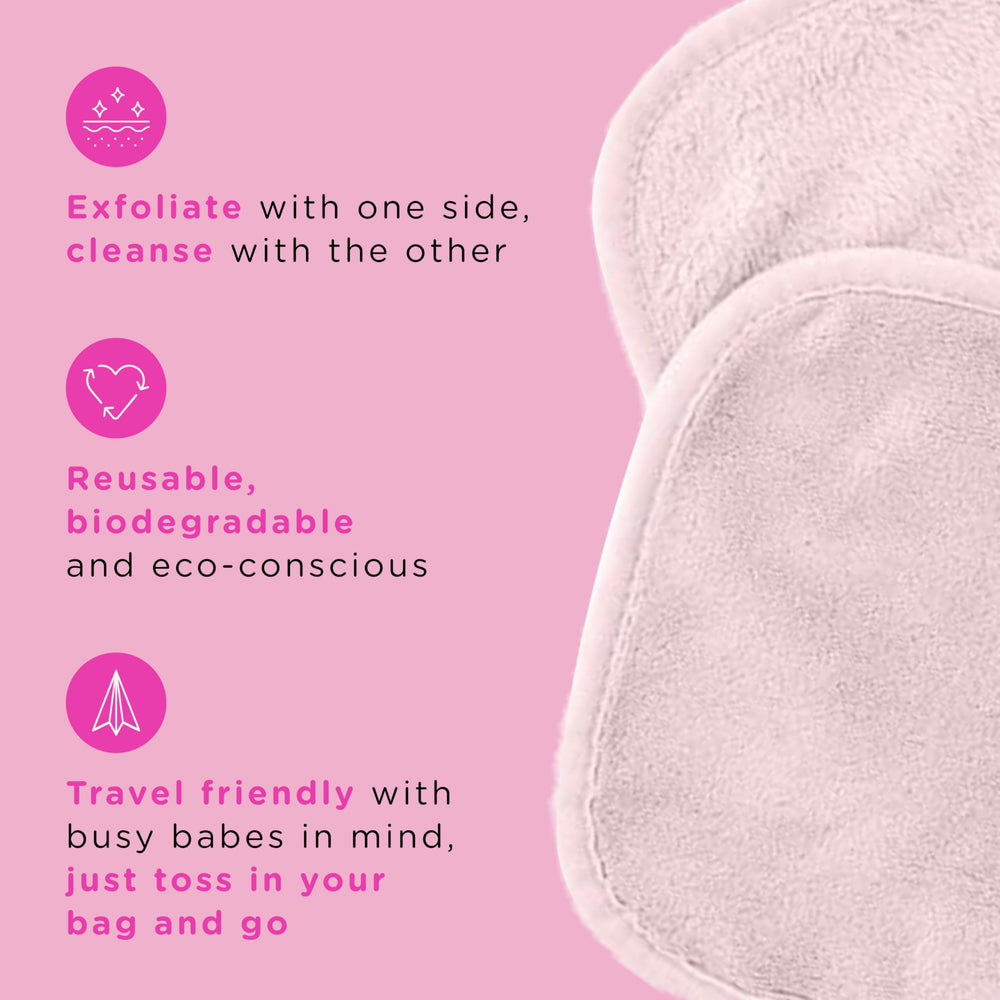 ERASE YOUR FACE dual-sided cloth showing exfoliating side for gentle polish and cleansing side for radiance.