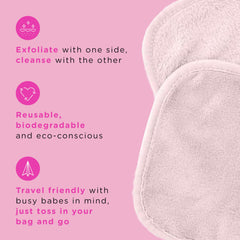ERASE YOUR FACE dual-sided cloth showing exfoliating side for gentle polish and cleansing side for radiance.