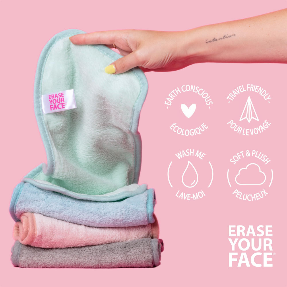ERASE YOUR FACE uso con agua tibia para remover maquillaje sin frotar.