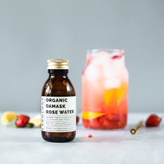 Erbology rose water pour into glass—perfect for drinks and light fragrance.