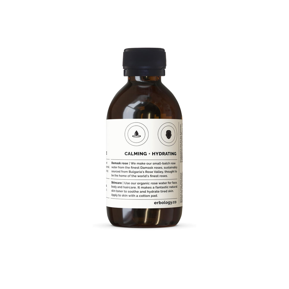 Erbology rose water as toner—gentle skin-refreshing application.