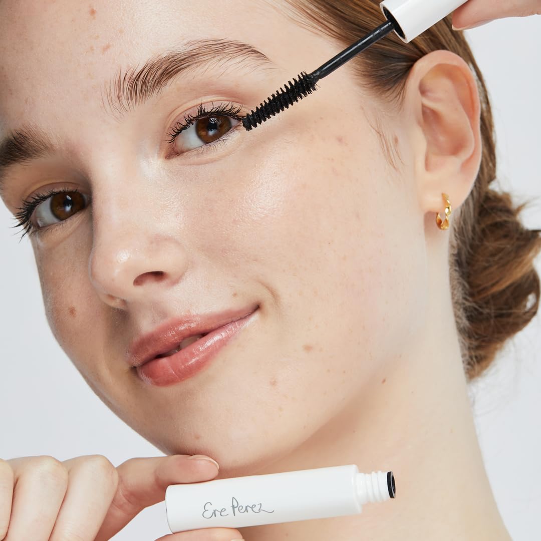Ere Perez Avocado Waterproof Mascara on bare lashes before coating for length and separation.