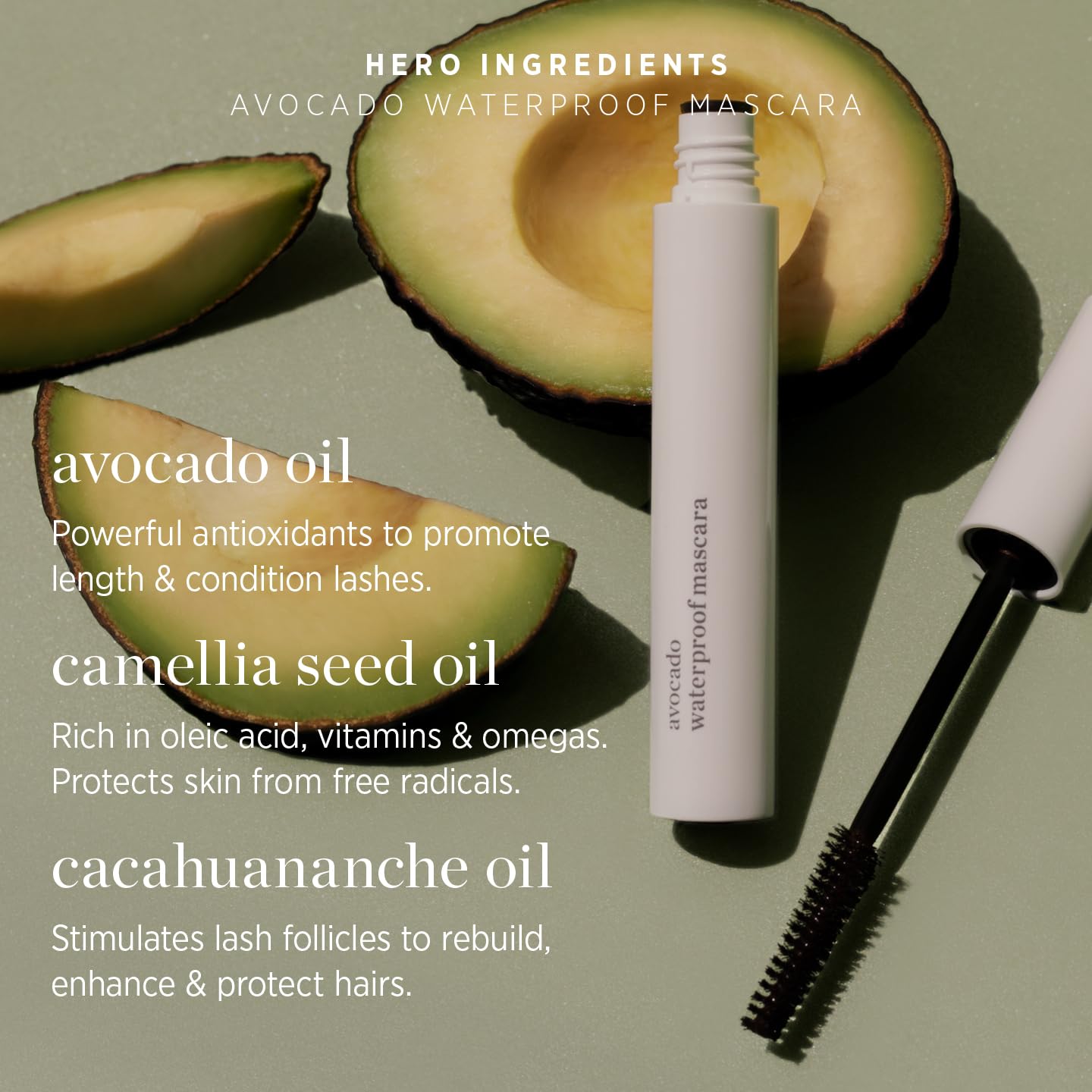 Ere Perez Avocado Waterproof Mascara with Mamey oil for lash nourishment.