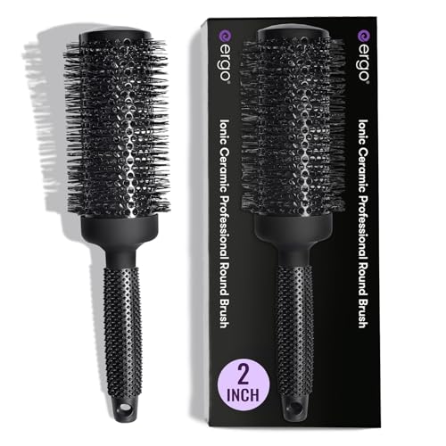 ERGO ceramic ionic round brush barrel closeup, showcasing even heat for smooth, shiny styling.