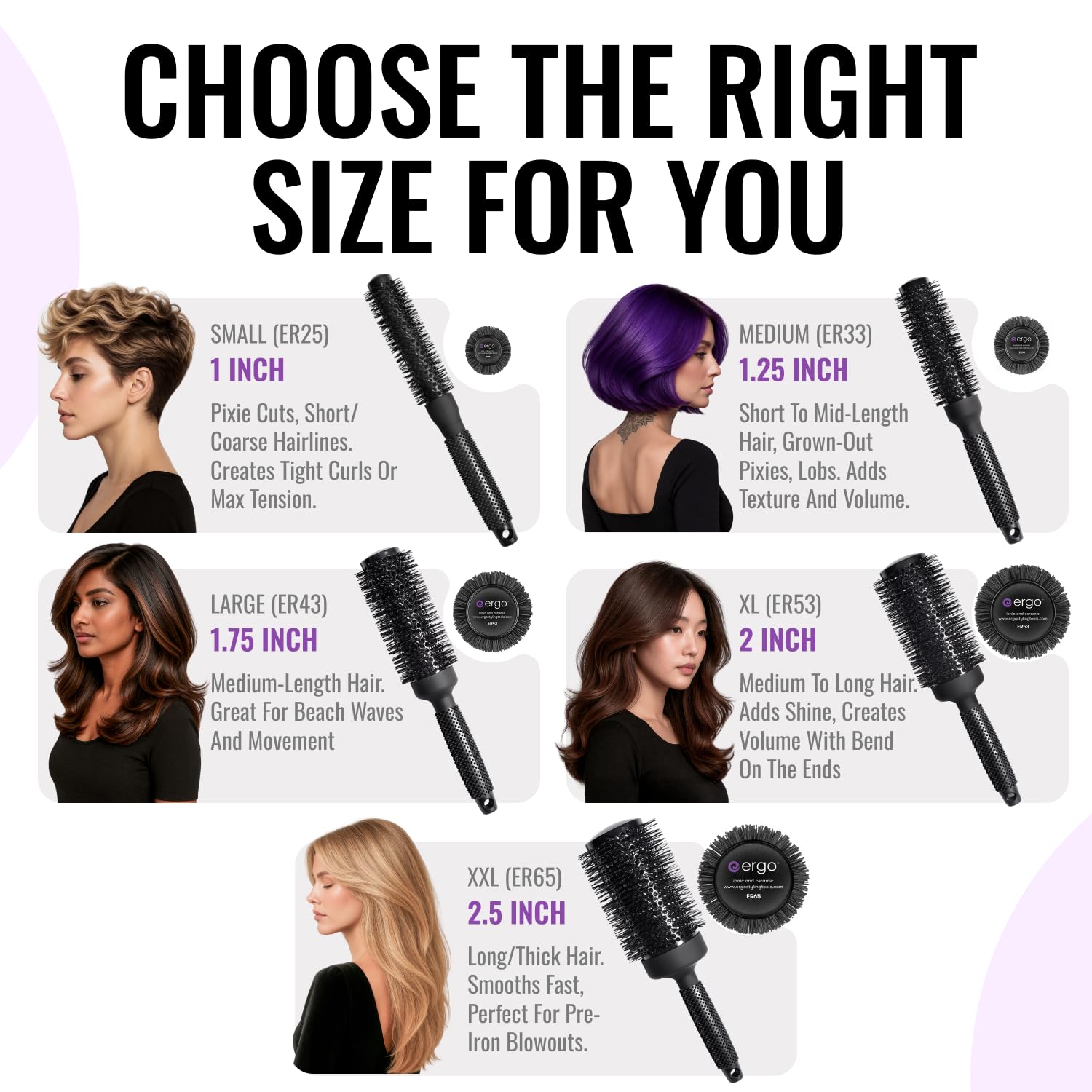 ERGO round brush shows ergonomic silicone handle for comfortable styling sessions.