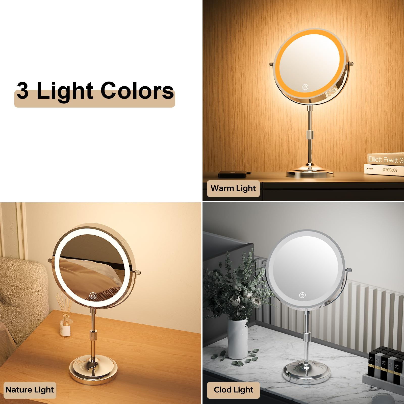 Erlingeryi chrome finish mirror with dimmable LEDs for warm to natural lighting