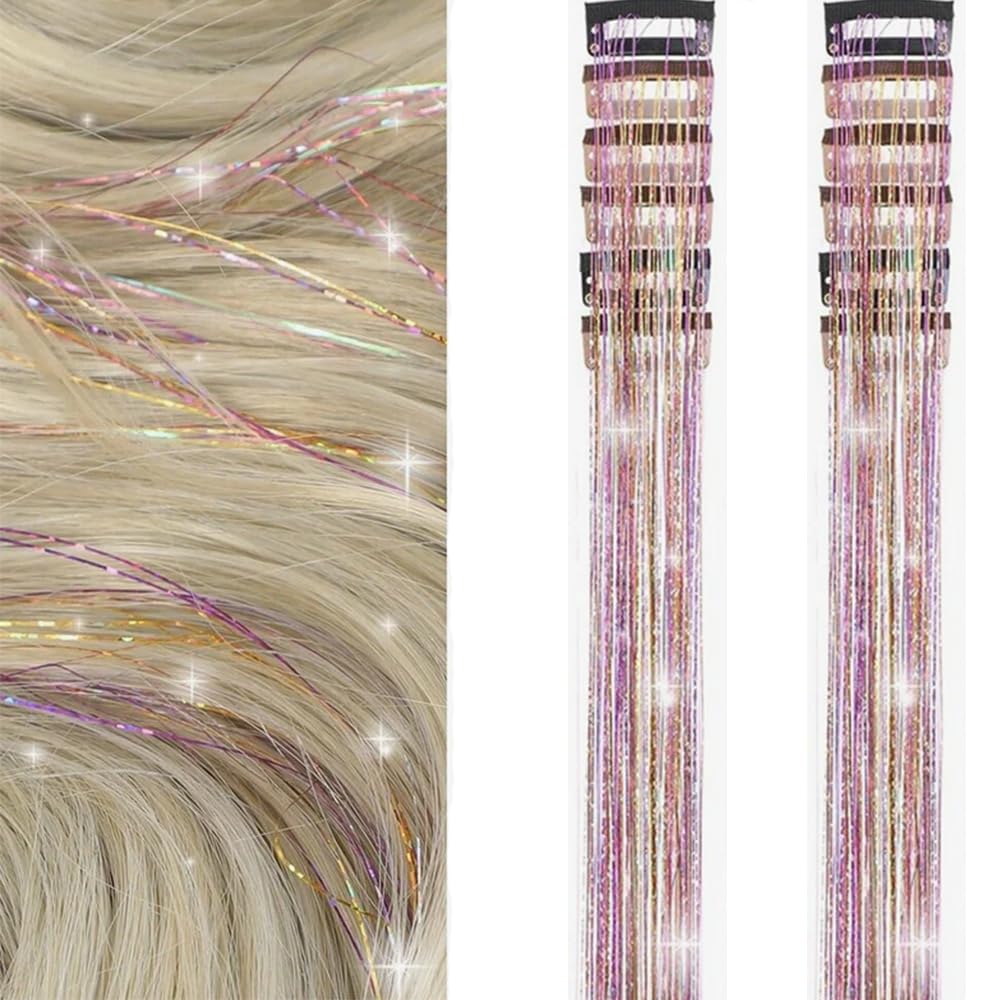 EROADE hair tinsel clip-in close-up showing quick sparkle for easy styling