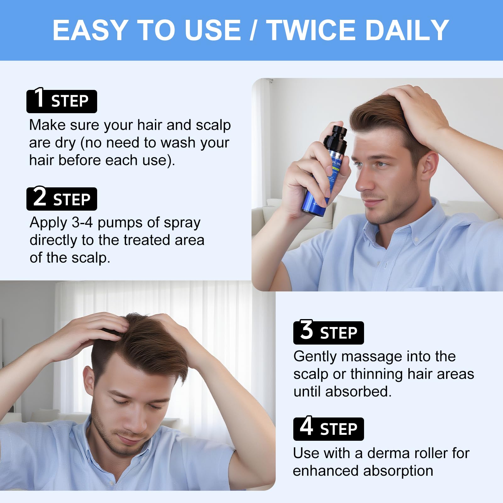 ERWCNMIE minoxidil spray absorbs quickly into the scalp with a lightweight feel.
