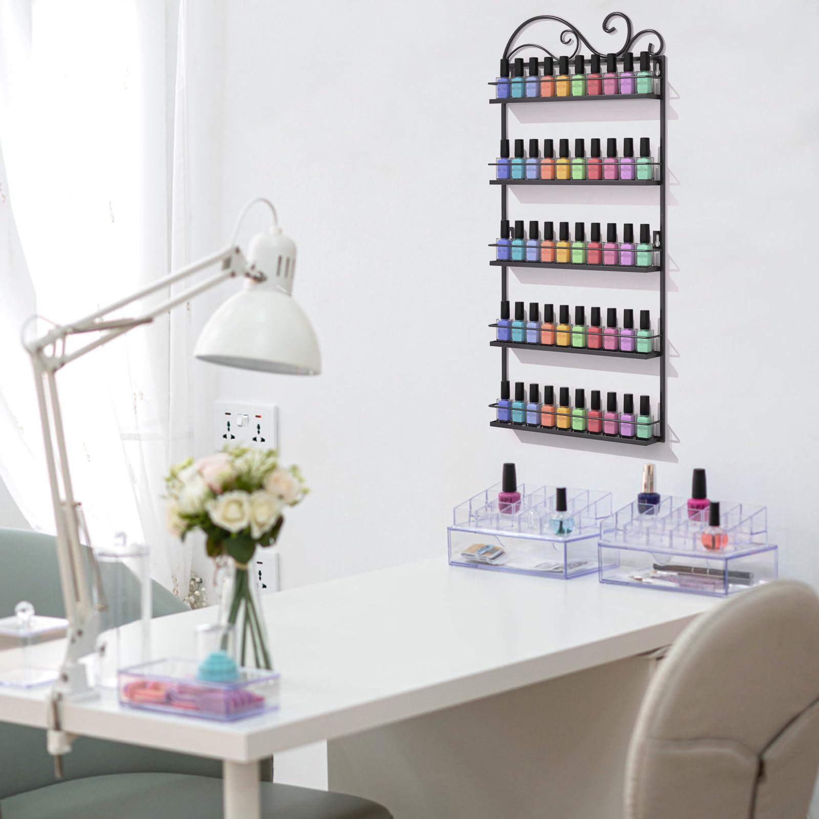 ERYTLLY five-shelf rack showcases bottles neatly across varying shelf lengths.