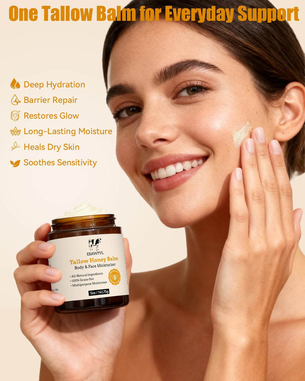 ESAWFVL honey balm close-up reveals natural ingredient benefits for skin.