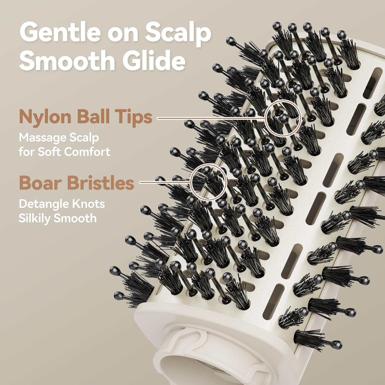 Esctabalt paddle brush attachment with soft nylon and boar bristles glides through hair gently.