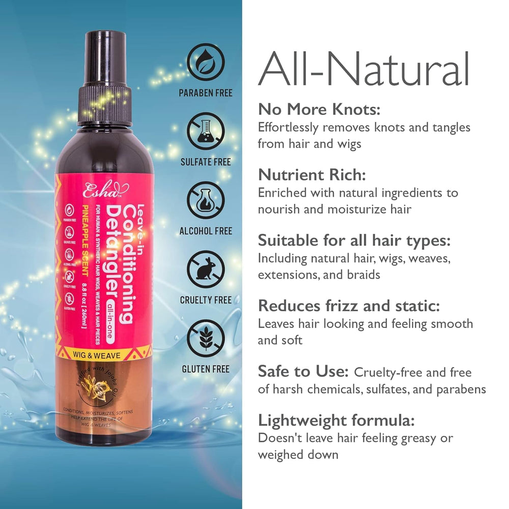 Esha Girl Wig Detangler spray demonstrates easy knot removal for extensions.