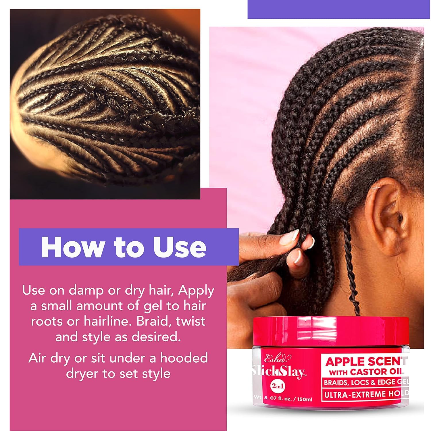 Bottle highlights nourishing ingredients in Esha Slick N Slay