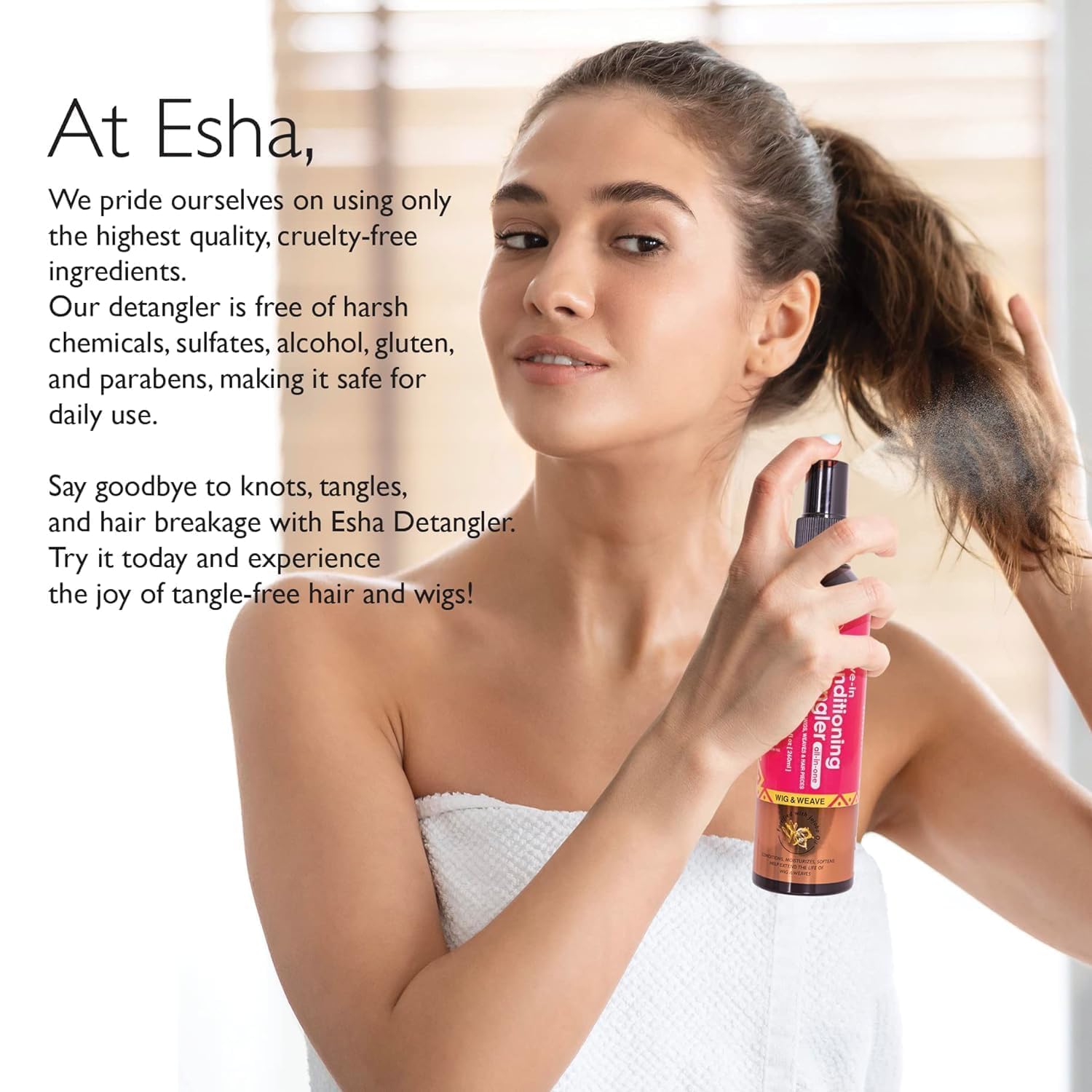 Esha sulfate-free formula label emphasizes safe care for synthetic wigs.
