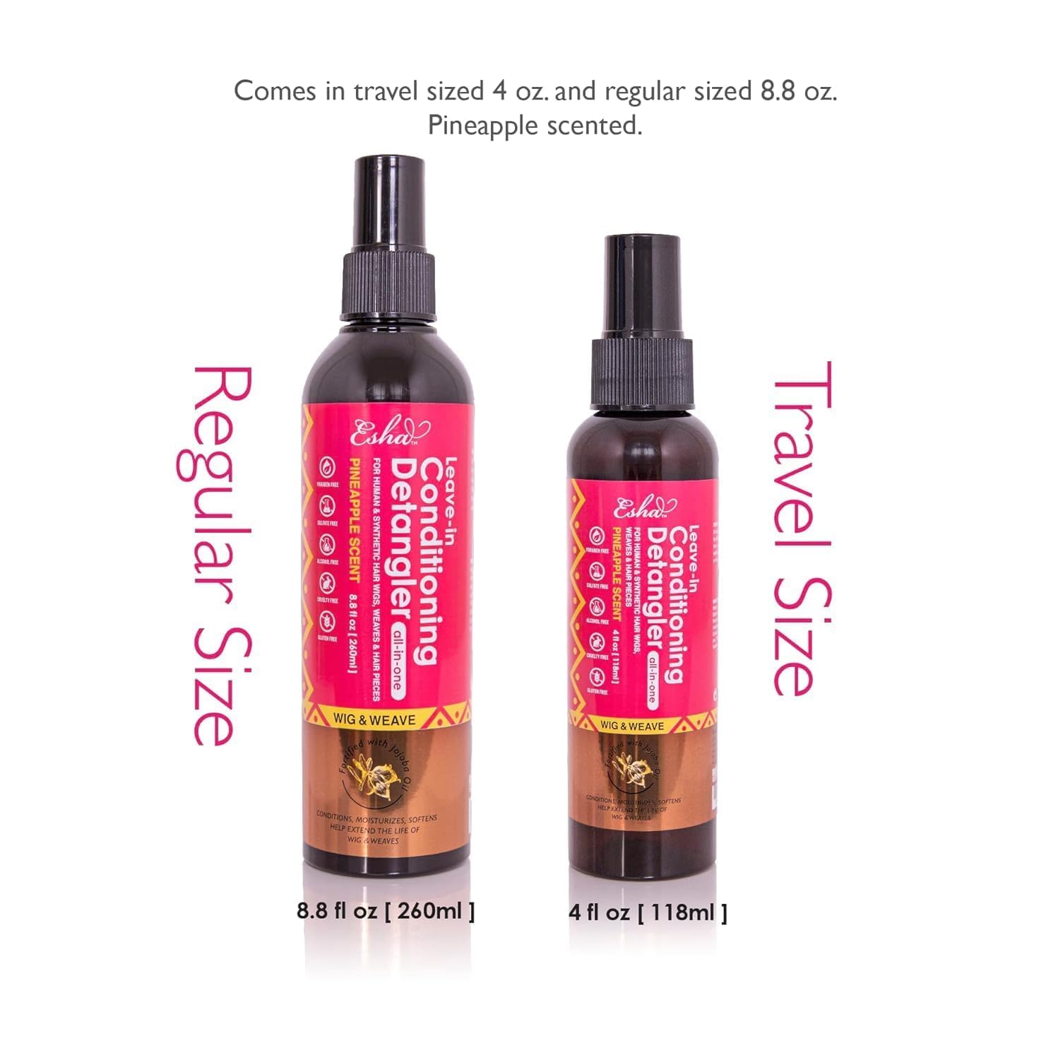 Esha wig-care tips montage suggests frizz control and all-day hydration.
