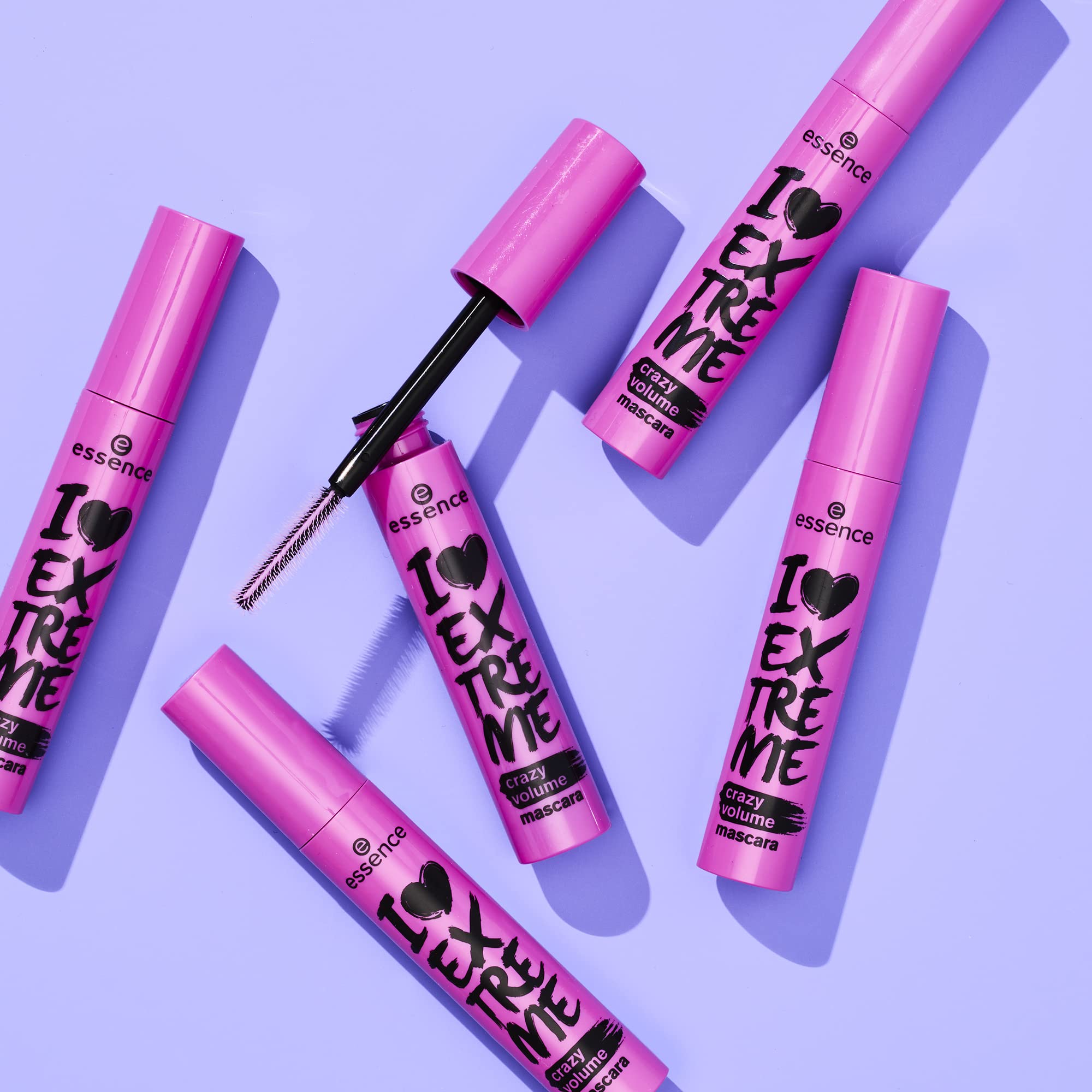 essence I Love Extreme Crazy Volume Mascara 3-pack box on shelf signals savings and versatility.