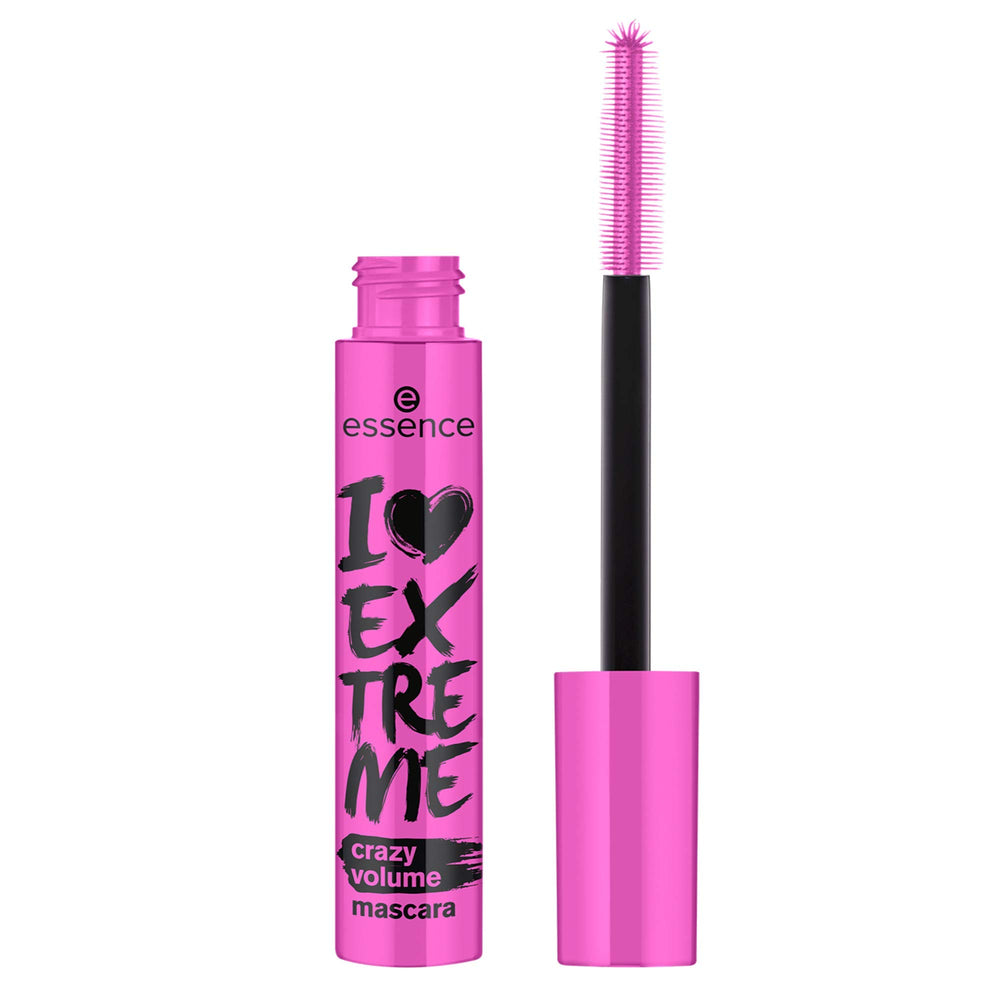 essence I Love Extreme Crazy Volume Mascara wand-closeup demonstrates precise wiggle for fuller lashes.