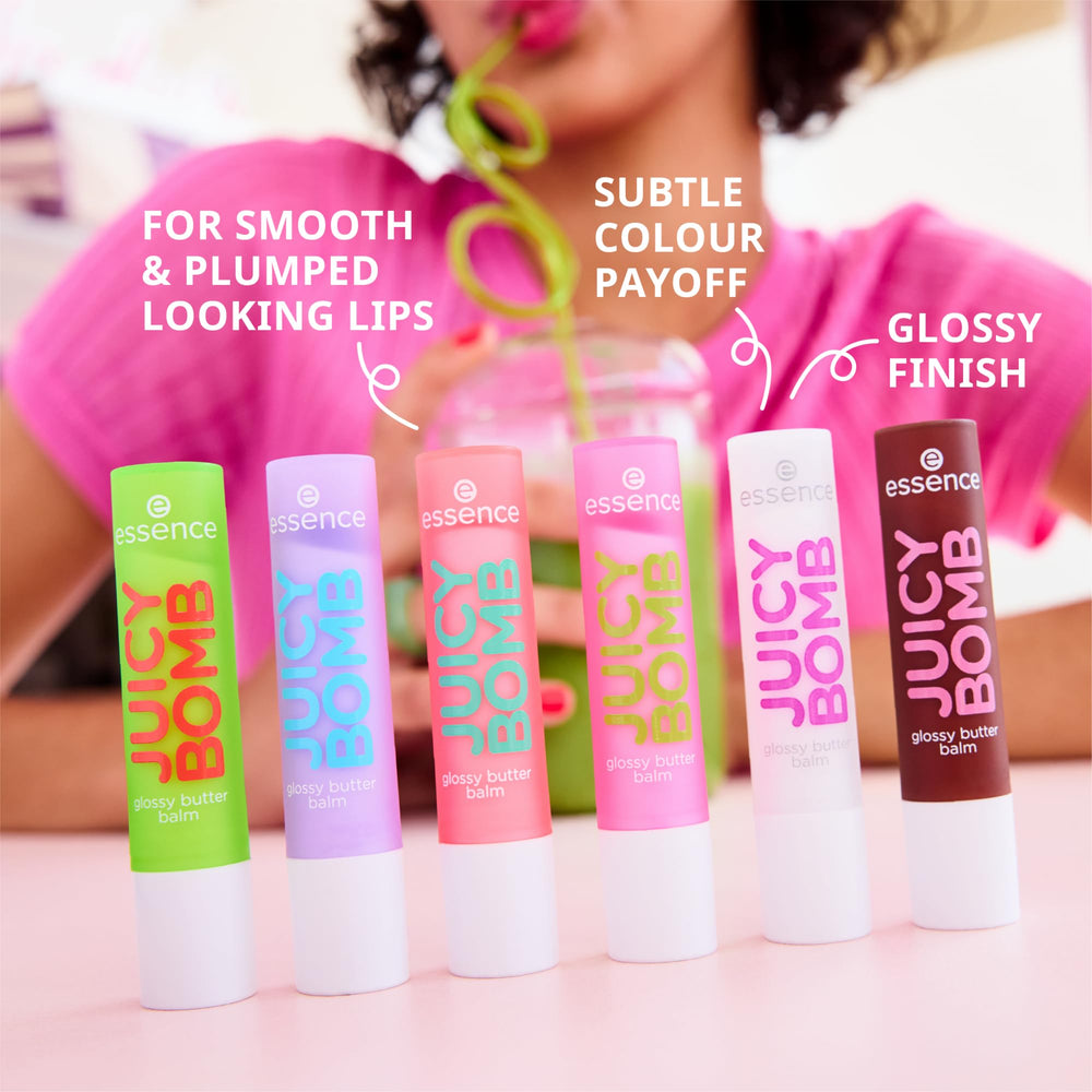 essence Juicy Butter Balm Time to Pitaya swatch on lips in bold berry shade