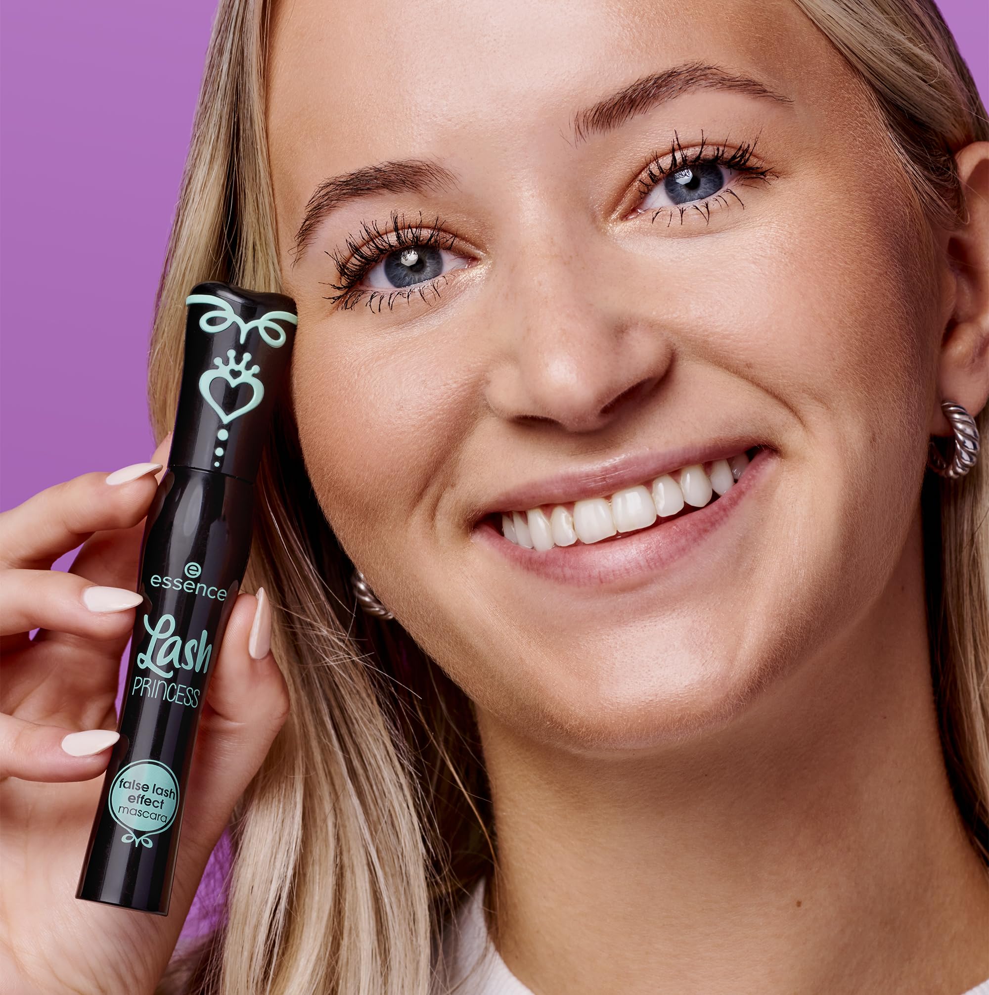 essence Lash Princess full-lashes look on model emphasizes dramatic length.