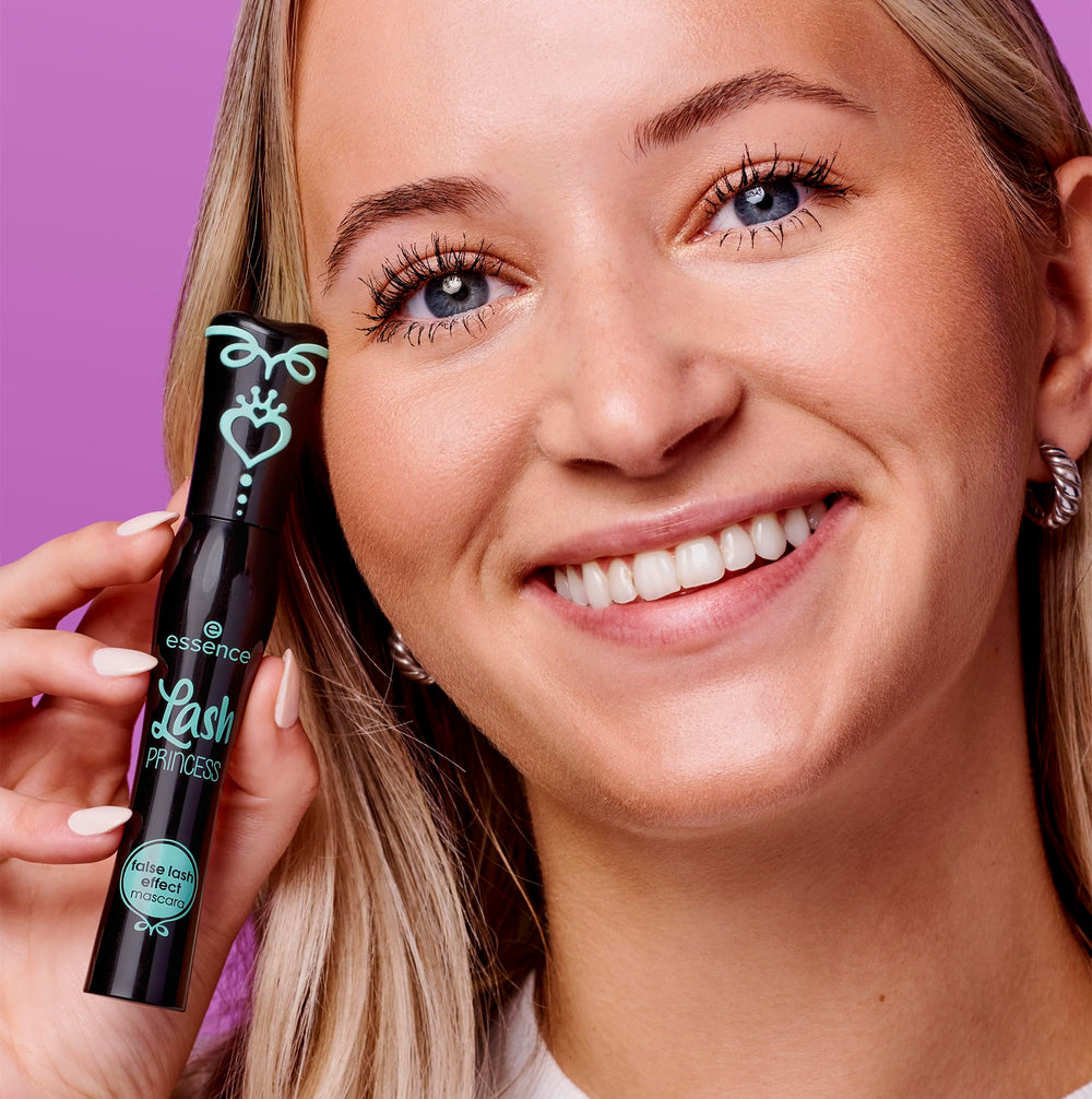 essence Lash Princess full-lashes look on model emphasizes dramatic length.