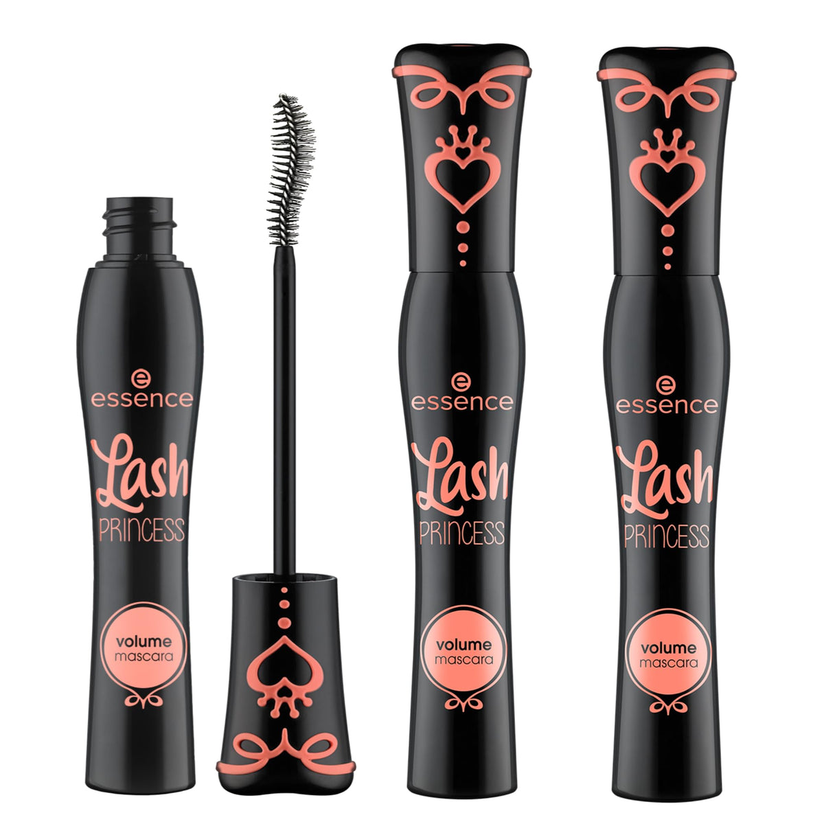 essence Lash Princess Volume Mascara 3-pack bottle close-up shows a deep black formula for bold lashes.