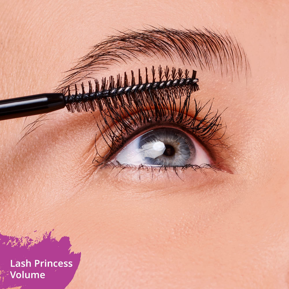 essence Lash Princess lashes on model from day to night with rich black hue.