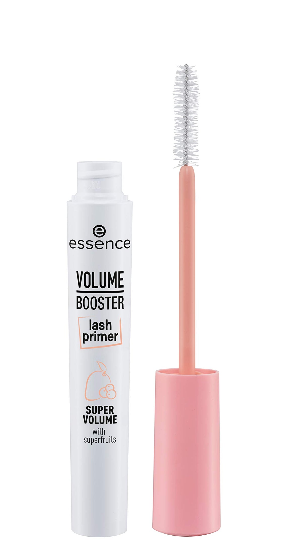 essence volume booster lash primer bottle in white packaging preps lashes for added mascara volume