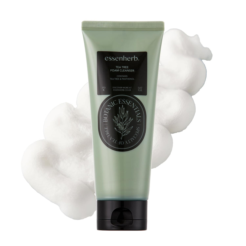 ESSENHERB Tea Tree Foam Cleanser bottle front shows gentle cleansing for sensitive skin.