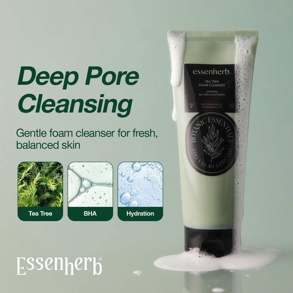 ESSENHERB Tea Tree Foam Cleanser foam close-up shows rich lather for pore cleansing.