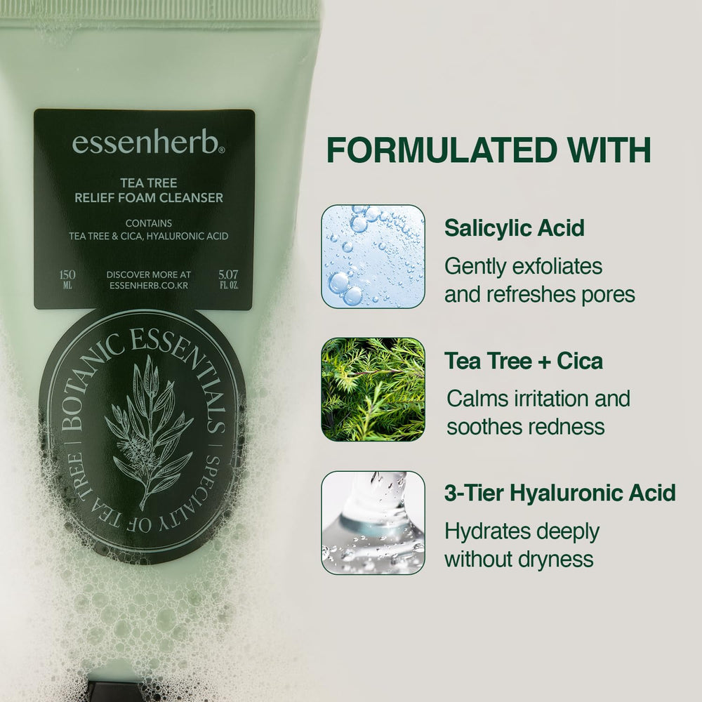 ESSENHERB Tea Tree Foam Cleanser pump action demonstrates easy daily use.