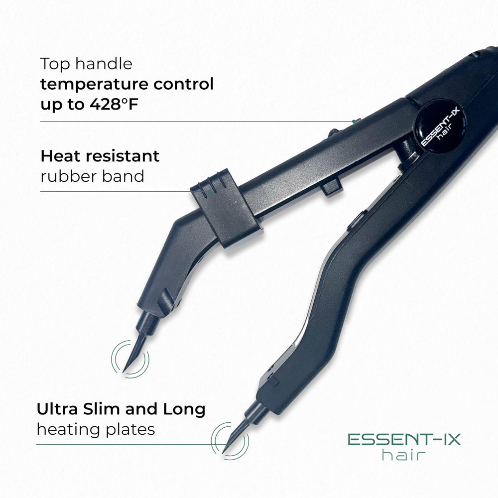 ESSENT-IX keratin fusion tool showcases rapid heat-up for efficient bonding sessions.