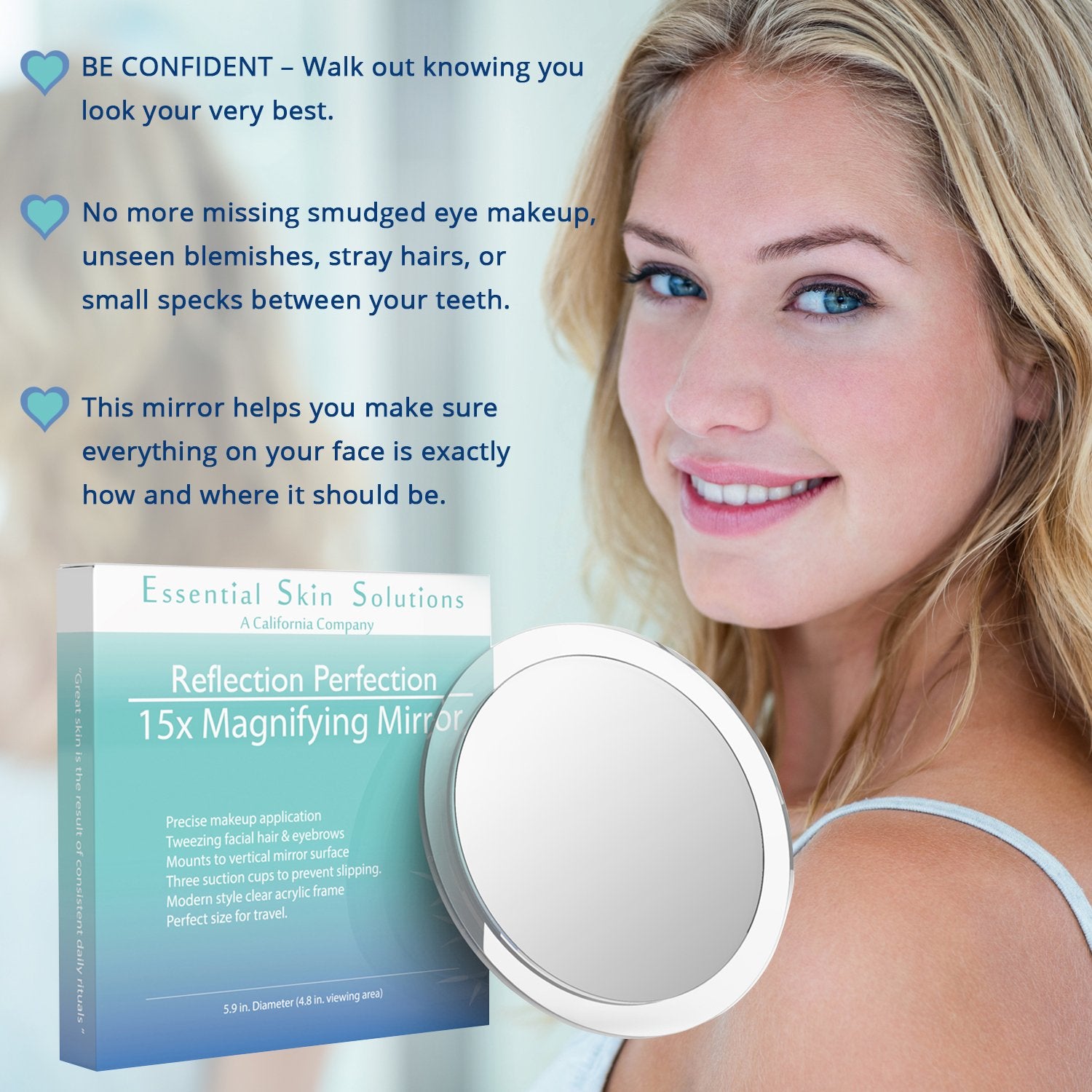 Essential Skin Solutions 6-inch round mirror ideal for close-up makeup and shaving tasks.