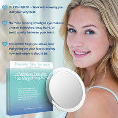 Essential Skin Solutions 6-inch round mirror ideal for close-up makeup and shaving tasks.