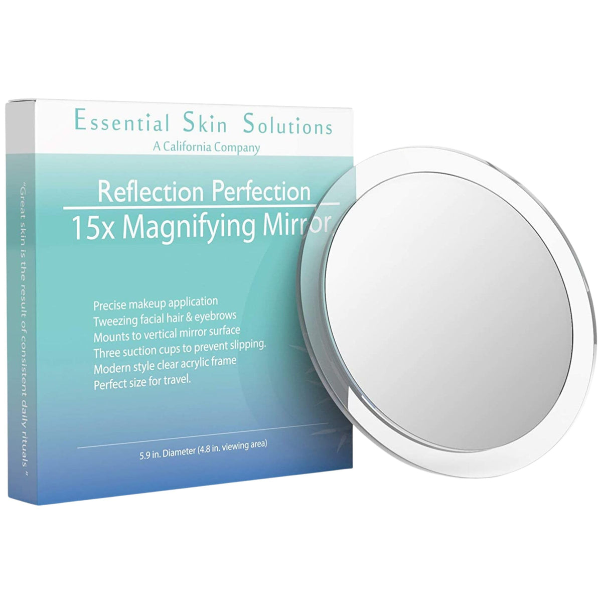 Essential Skin Solutions 15X magnifying mirror close-up for precise tweezing and makeup application.