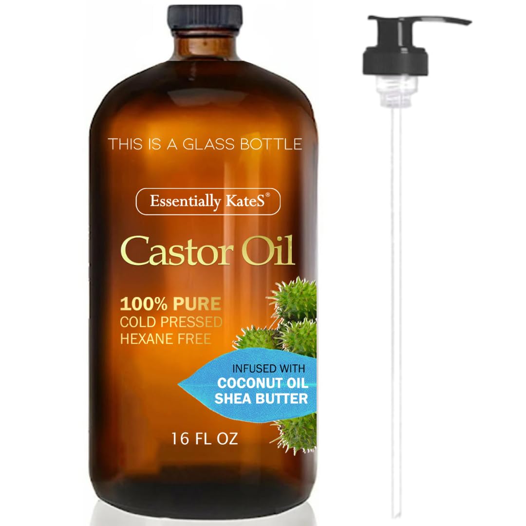 Essentially KateS castor oil 16oz glass bottle with pump for nourishing hair and moisturized skin
