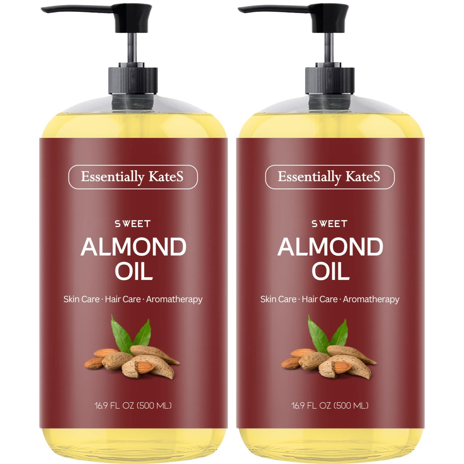 Essentially KateS Sweet Almond Oil bottle front shows a pure, lightweight moisturizer for skin and hair.