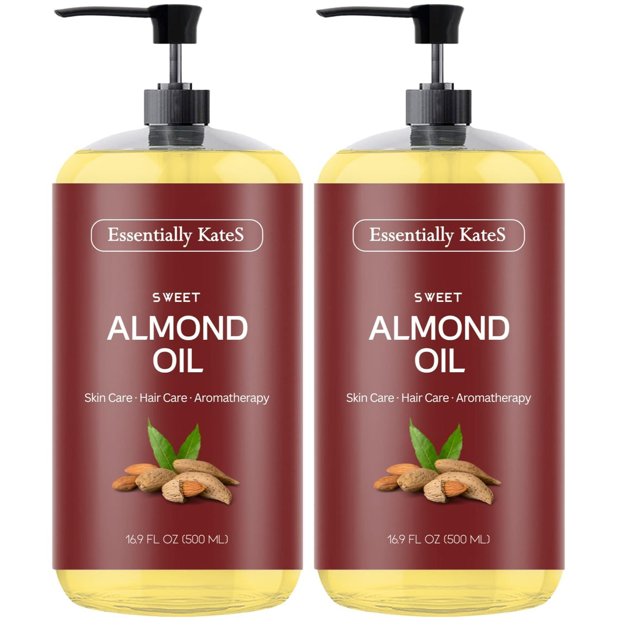 Essentially KateS Sweet Almond Oil bottle front shows a pure, lightweight moisturizer for skin and hair.