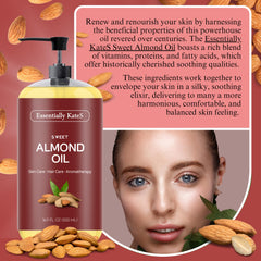 Essentially KateS Sweet Almond Oil packaging box highlights a natural cruelty-free carrier oil for daily care.