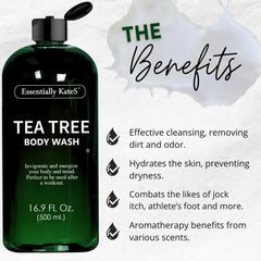 Essentially KateS Tea Tree Body Wash ingredients panel with natural oils for skin nourishment.