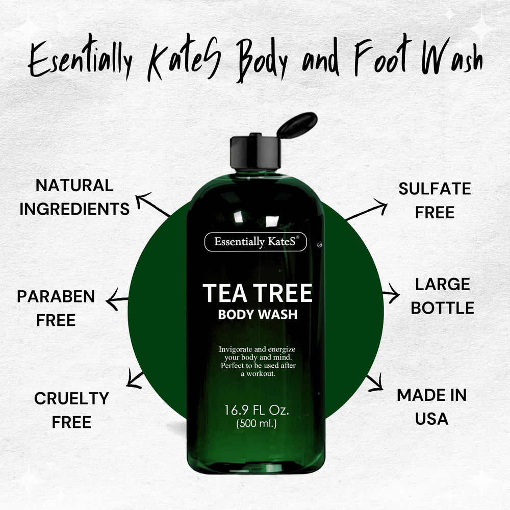 Essentially KateS Tea Tree Body Wash packaging featuring rosemary mint aroma.