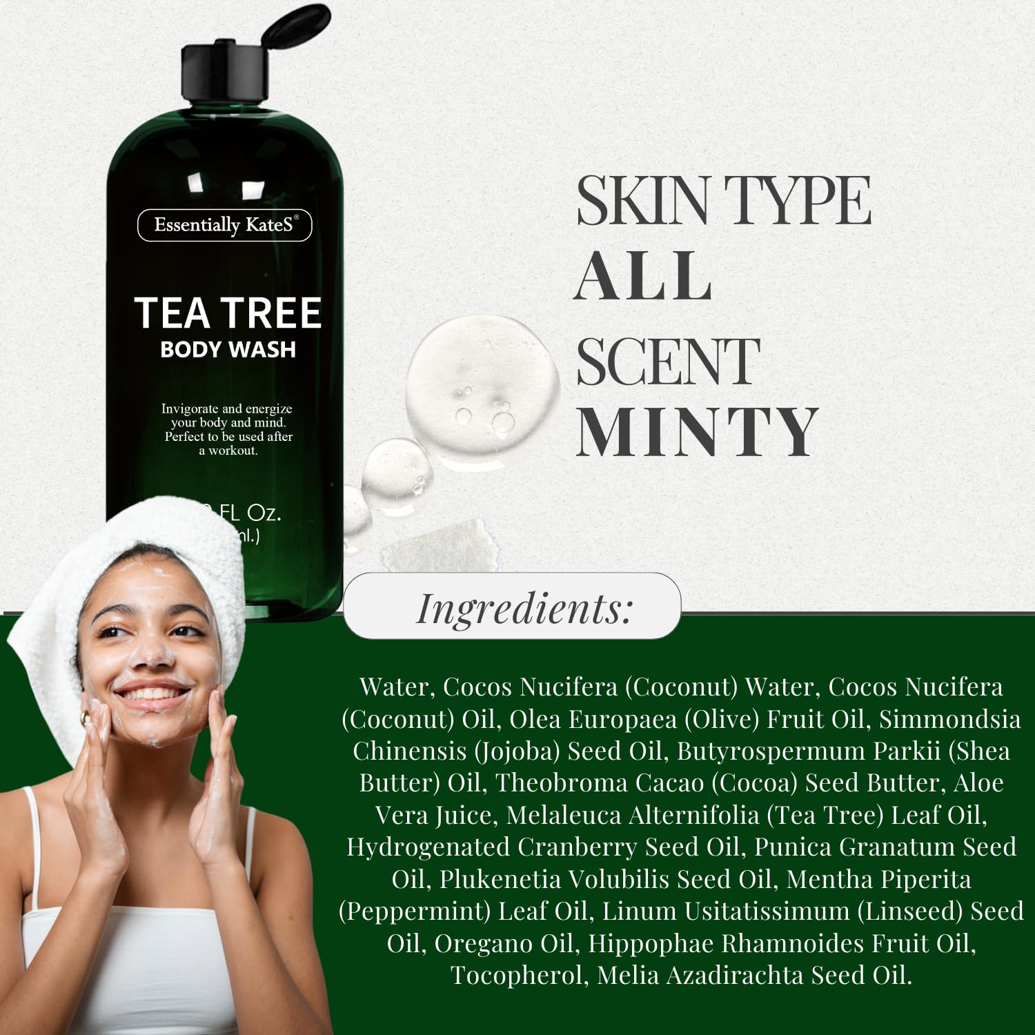 Essentially KateS Tea Tree Body Wash pump dispenser designed for easy daily use.