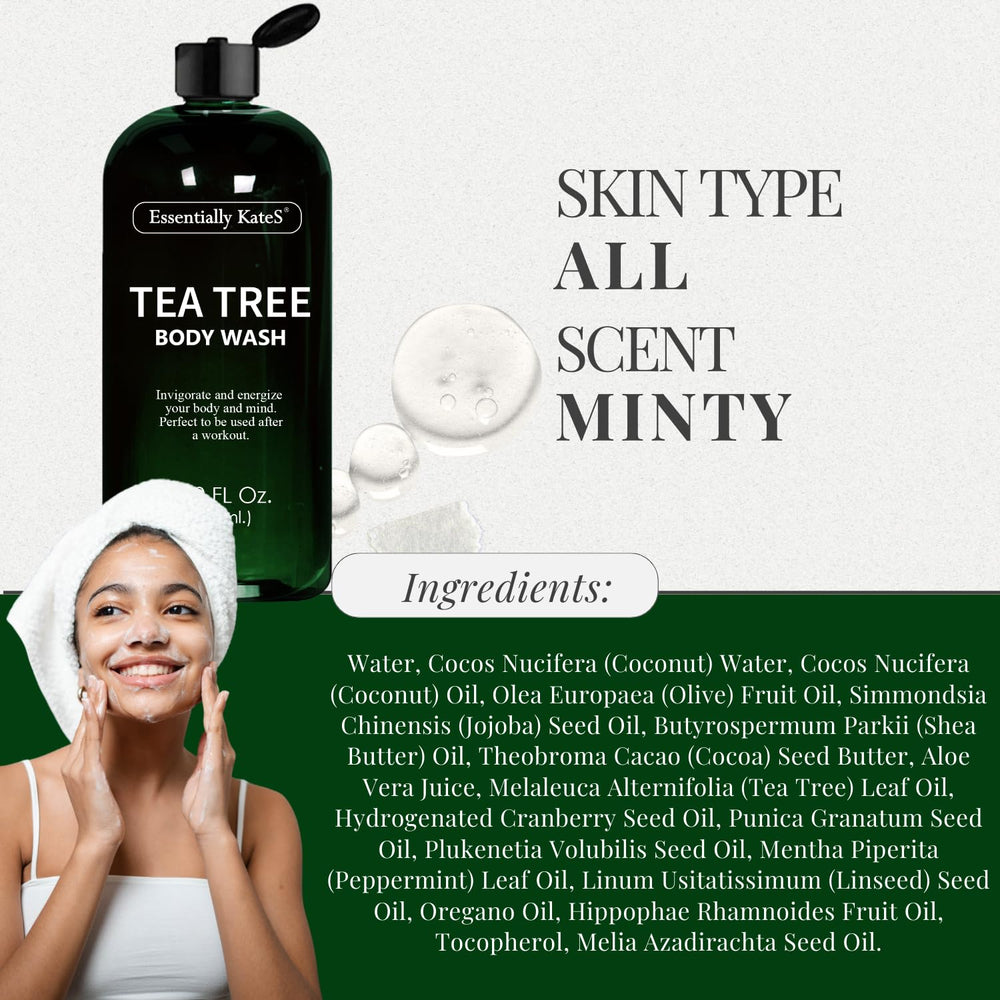 Essentially KateS Tea Tree Body Wash pump dispenser designed for easy daily use.